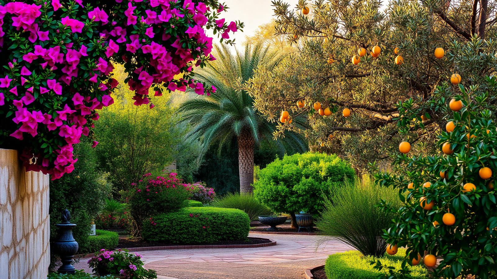 Jardín mediterráneo con buganvillas y olivos
